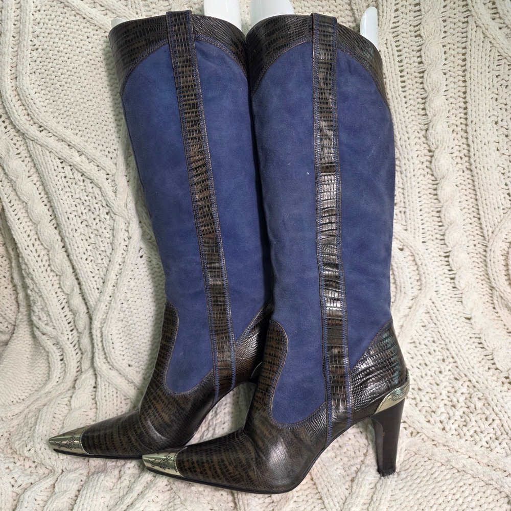 J Vincent Tall Boots Blue Suede Croc Embossed Metal Pointed Toe WILD Women 6M